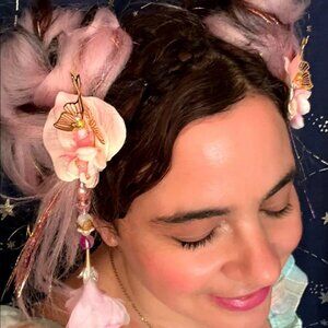 Artist Made MYSTICAL White Pink Fairy Party Festival Flower Hair Clip Tassel
